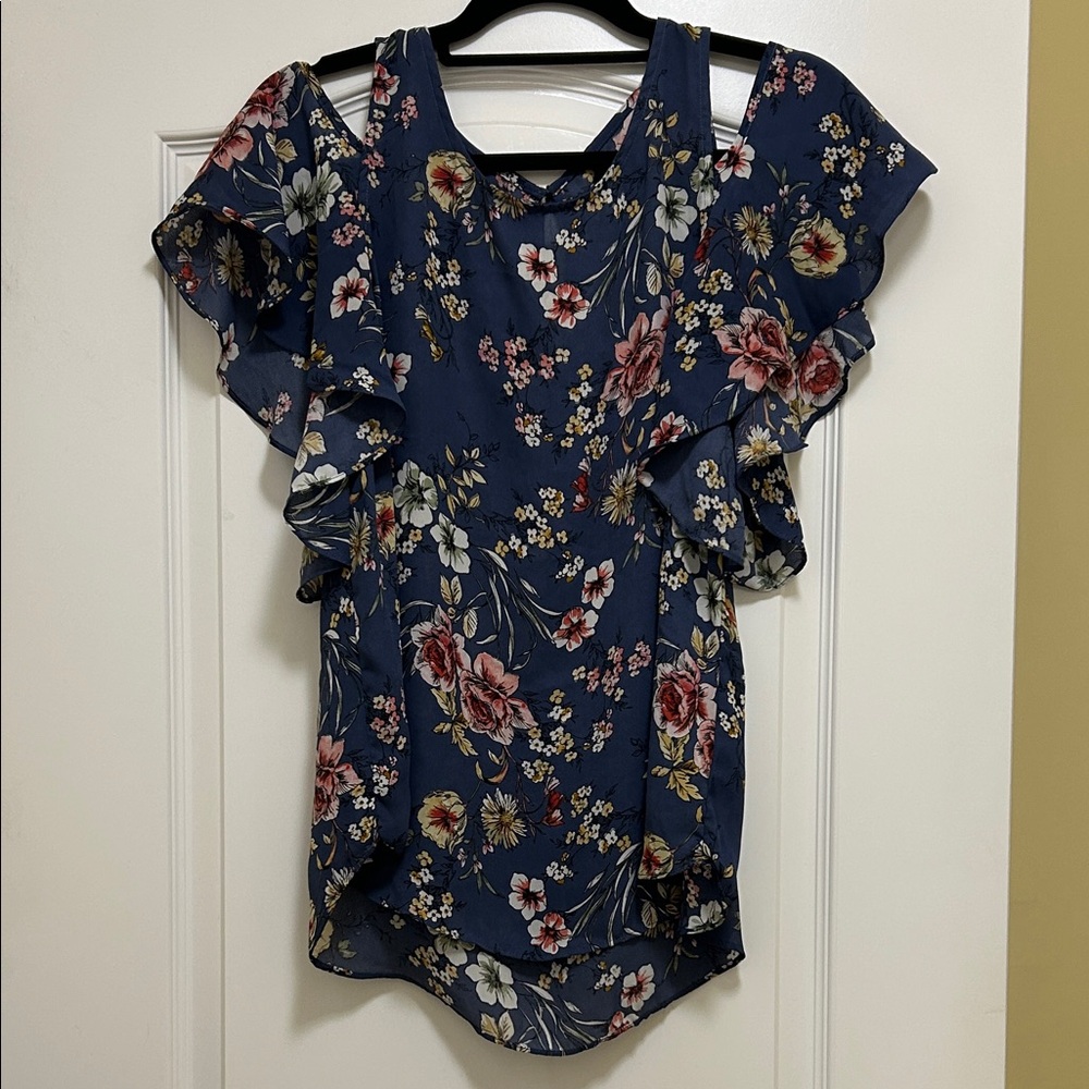 Bwear Floral Ruffle Sleeve Blouse - Navy and Pink
